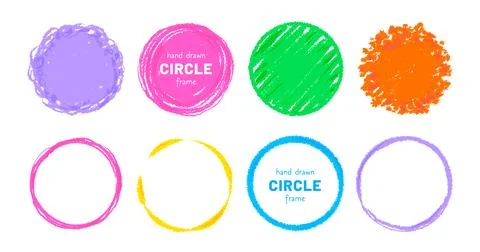 Circle hand drawn round shape frame set. Sketch brush line round childish shape Stock Illustration
