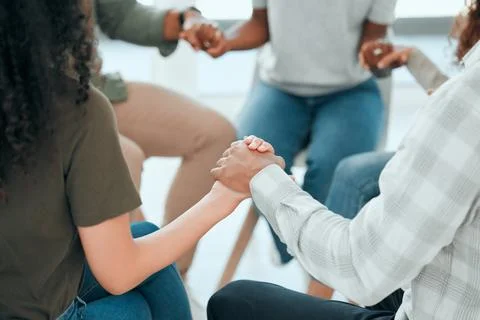 Circle, holding hands and support with praying in office for solidarity, faith Stock Photos