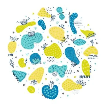 Circle includes hand drawn abstract shapes with different textures, spots and Stock Illustration