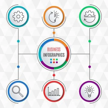 Circle Infographics elements. 6 steps, options, levels, parts or processes. Info Stock Illustration