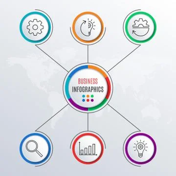Circle Infographics elements. 6 steps, options, levels, parts or processes. Info Stock Illustration