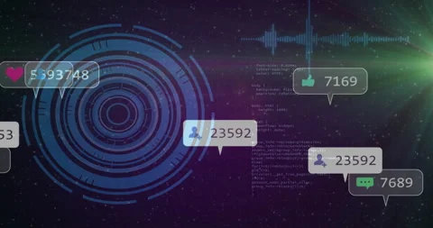 Circle interface fading in with code appearing and social icons floating showing Stock Footage 314409337