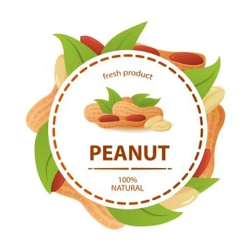Circle label peanut leaves fresh product 100 natural. Stock Illustration