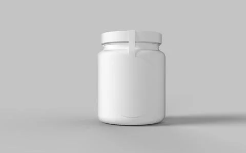 Circle label white plastic jar with cup for sport protein vitamins and tablet Stock Illustration