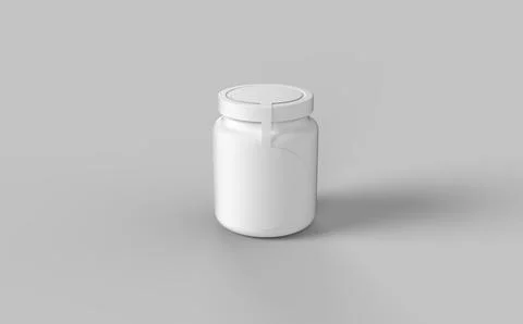 Circle label white plastic jar with cup for sport protein vitamins and tablet Stock Illustration