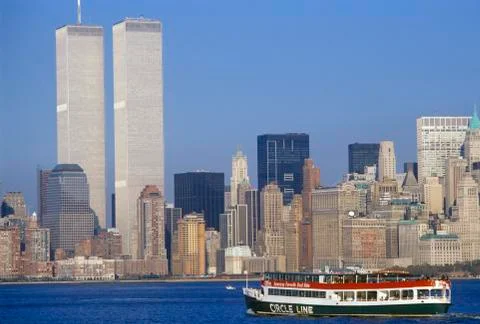 Circle Line boat to see Statue of Liberty with World Trade Center, New York Stock Photos
