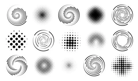 Circle lines, round dot patterns. Abstract spiral speed icons, circular graphic Stock Illustration