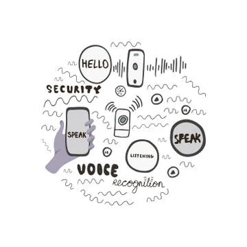 Circle made of hand drawn elements for voice recognition. Template design for Illustrazione stock