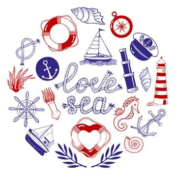 Circle with marine theme illustrations. Illustrazione stock