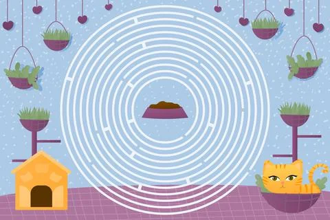 Circle maze with cute cat character, help to find way to food, colourful riddle Stock Illustration
