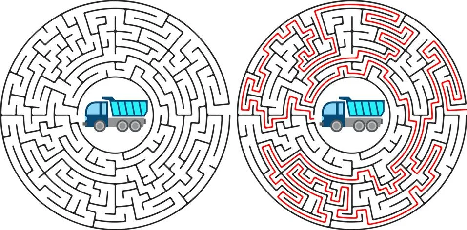 Circle Maze with Solution. Labyrinth with Entry and Exit. Find the Way Out Stock Illustration