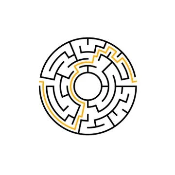 Circle maze vector labyrinth game. Round puzzle circular maze with solution Stock Illustration
