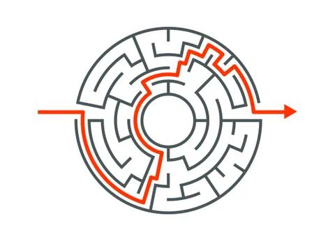Circle maze vector labyrinth game. Round puzzle circular maze with solution Stock Illustration