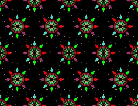 Circle multicolor seamless pattern. Festive sun centric rings, petals, spots Stock Illustration