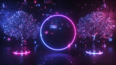 Circle Neon Frame and Digital Trees Stock Footage 222018229