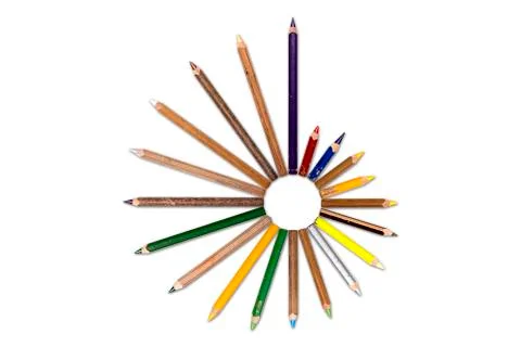 Circle of old crayons, tip outside, isolated on white Stock Photos