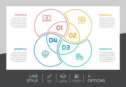 Circle option infographic vector design with 4 steps &amp; colorful style for pre Stock Illustration