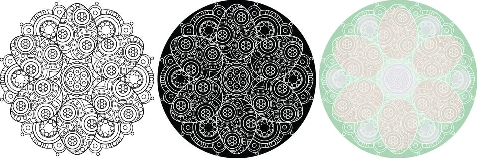 Circle ornament with easter eggs. Ethnic mandala of black outline. Stock Illustration
