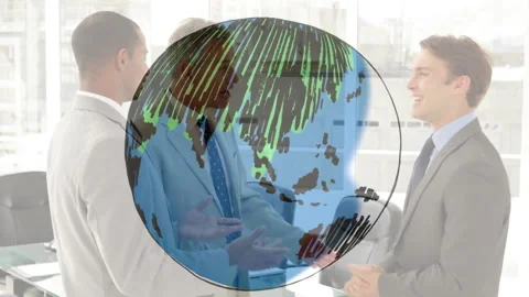 Circle outline appearing, scribbles forming rotating globe, three professionals Video stock 314849284