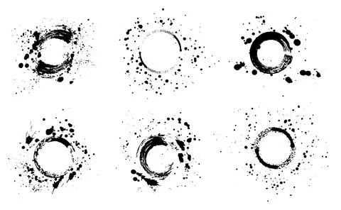 Circle with paint brush, splash, spray elements. Set of artistic texture ro.. Illustrazione stock