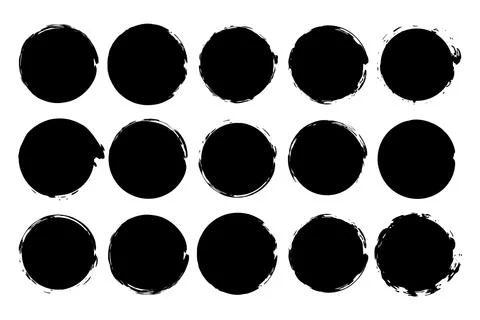 Circle paint grunge splash. Vector round black stain set. Rough ink retro sta Stock Illustration