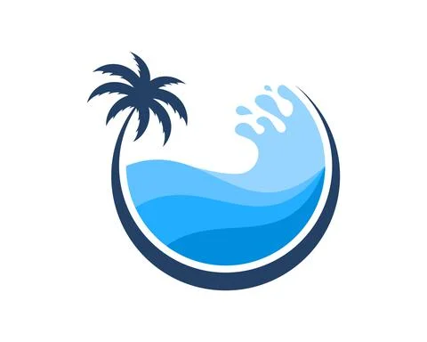 Circle palm tree with beach wave inside Stock Illustration