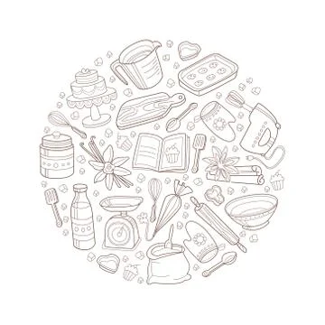 Circle with a pattern of kitchen items. Vector illustration. Stock Illustration
