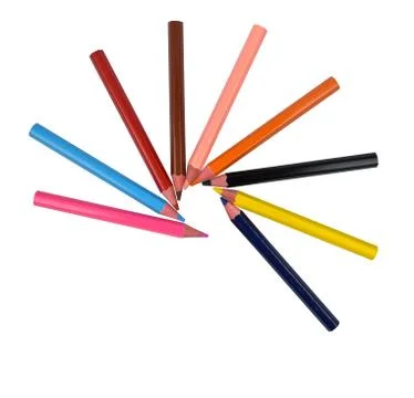 A circle pattern made with many different colored wood pencil crayons on whit Foto stock