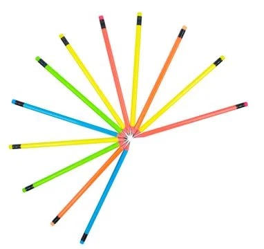 A circle pattern made with some different colored wood pencil crayons on whit Stock Photos