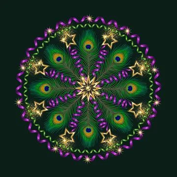 Circle pattern with peacock feathers, spiral ribbons, stars, halftone shapes Stock Illustration