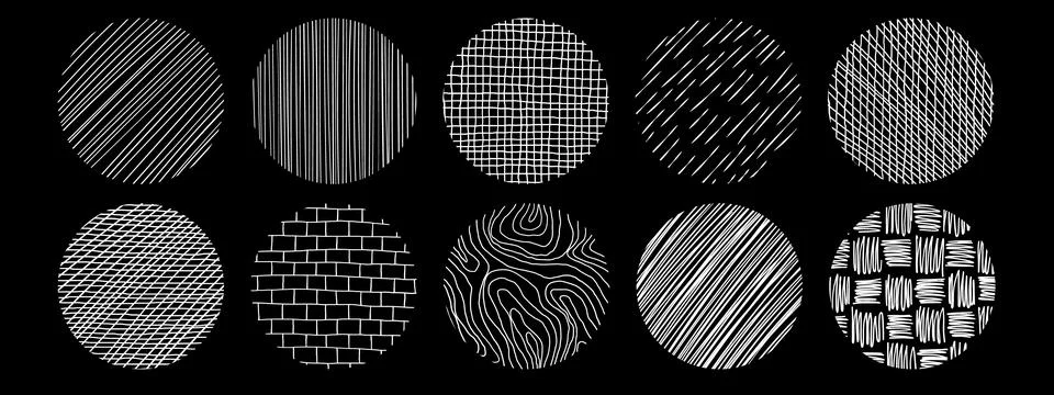 Circle patterns with hand drawn linear hatching and crosshatching textures. C Stock Illustration