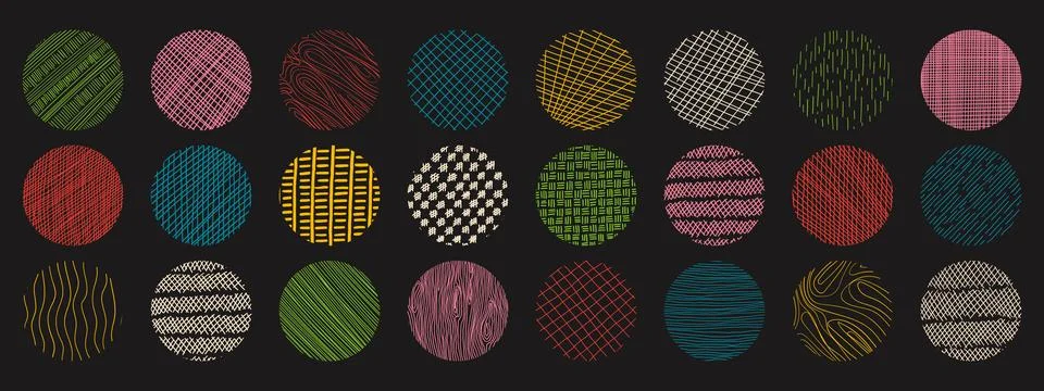 Circle patterns with hand drawn linear hatching and crosshatching textures... Illustrazione stock