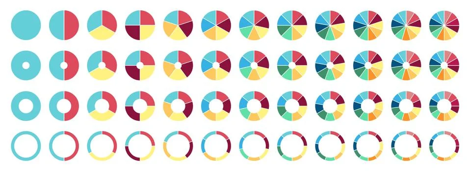 Circle pie chart. 2,3,4,5,6,7,8,9,10,11,12 sections or steps. Flat process cycle Stock Illustration