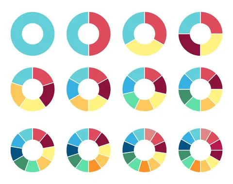 Circle pie chart. 2,3,4,5,6,7,8,9,10,11,12 sections or steps. Flat process cy Stock Illustration