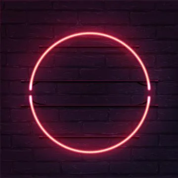 Circle pink neon sign. Vector realistic neon circle on brick wall. Stock Illustration