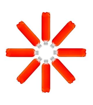 Circle of plastic bottles with red beverage Stock Photos
