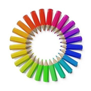 Circle of rainbow or spectrum palette colored short, thick pencils pointing.. Stock Illustration