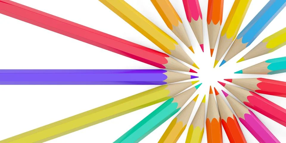 Circle of randomly colored pencils offset on white background flat lay top .. Stock Illustration