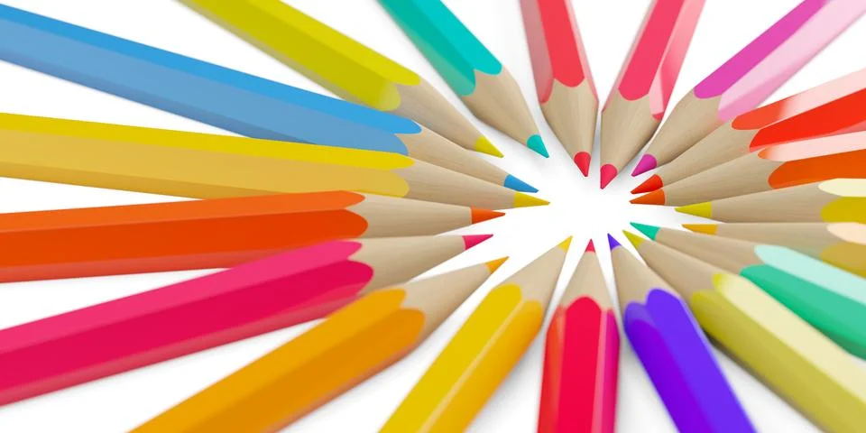 Circle of randomly colored pencils offset on white background with selectiv.. Stock Illustration