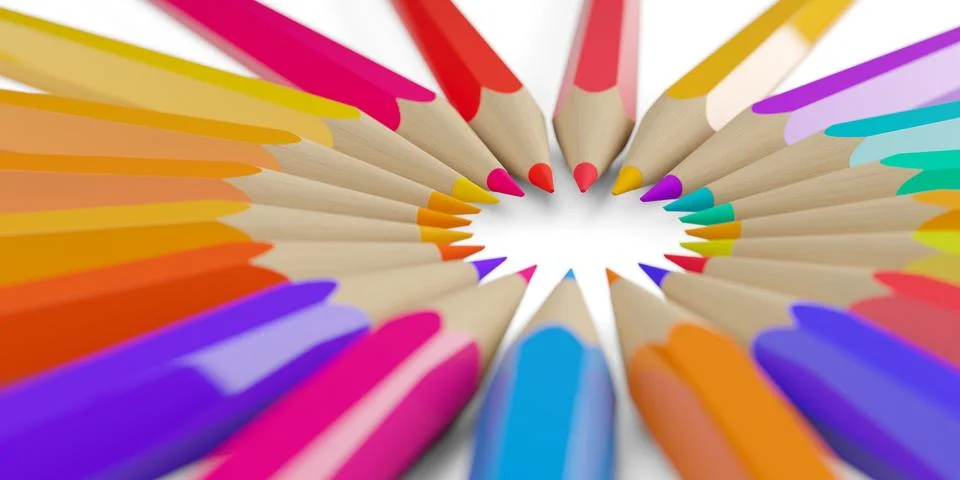 Circle of randomly colored pencils on white background with selective focus.. Stock Illustration