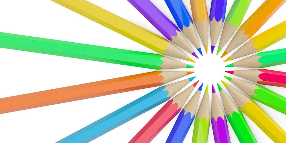 Circle of randomly colored pencils on white background flat lay from above,.. Stock Illustration