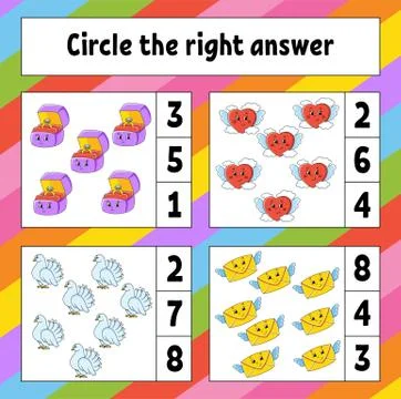 Circle the right answer. Education developing worksheet. Activity page with p Stock Illustration