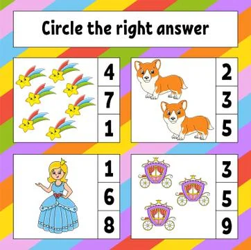 Circle the right answer. Education developing worksheet. Activity page with p Stock Illustration