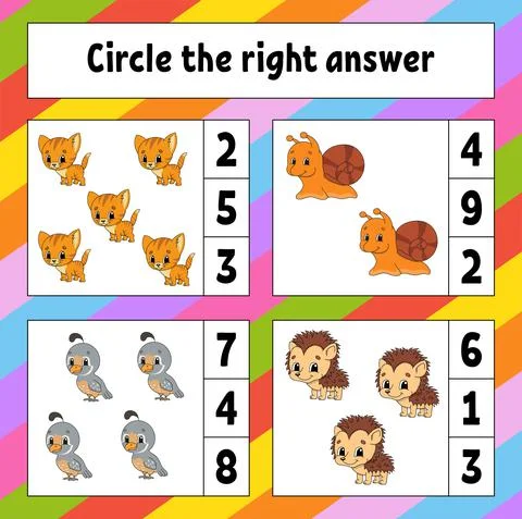 Circle the right answer. Education developing worksheet. Activity page with p Stock Illustration