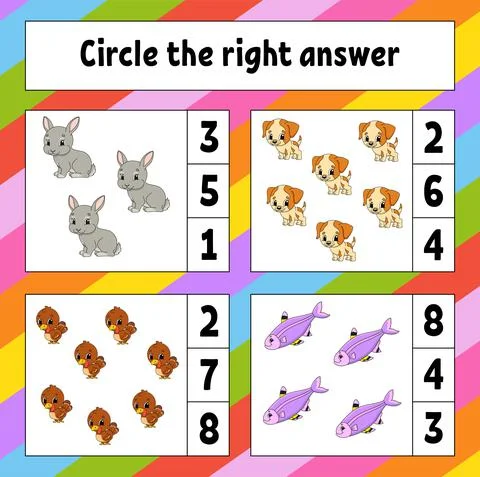 Circle the right answer. Education developing worksheet. Activity page with p Stock Illustration