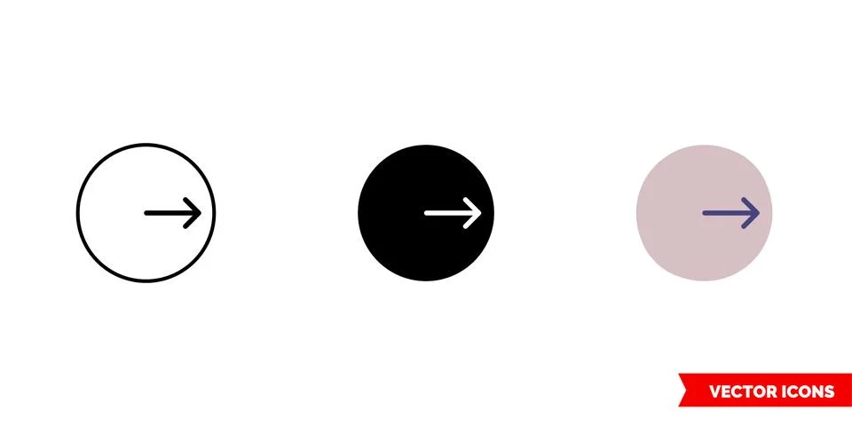 Circle with right arrow inside icon of 3 types color, black and white, outlin Stock Illustration