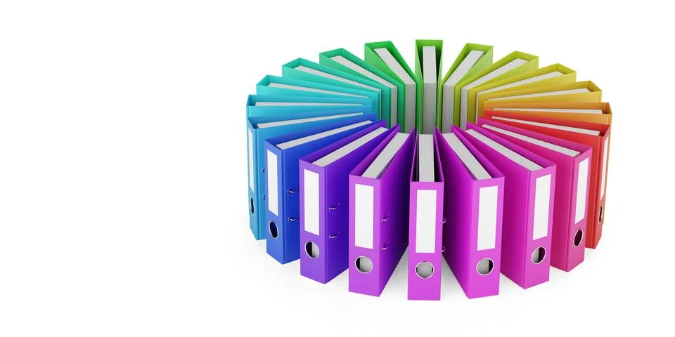 Circle of ring binders or file folders in spectrum rainbow colors with copy.. Stockillustratie