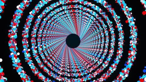 Circle rings of colorful sequins form an endless tunnel, computer generated. 3d Stock Illustration