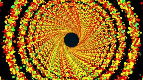 Circle rings of colorful sequins form an endless tunnel, computer generated. 3d Stock Illustration
