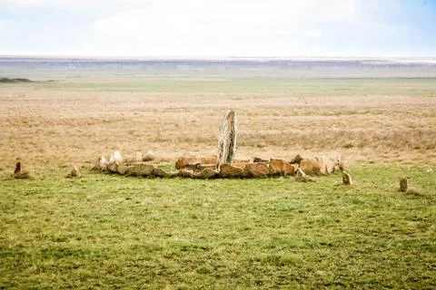 A circle of rocks is in the middle of a field in arkaim iral russia Stock Photos